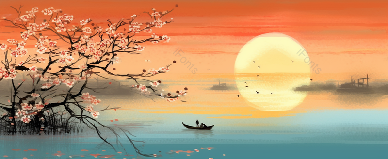 国潮山水湖泊小船宁静花树枝落日插画,插画/手绘图,插画/手绘图库,插画/手绘图下载,插画/手绘